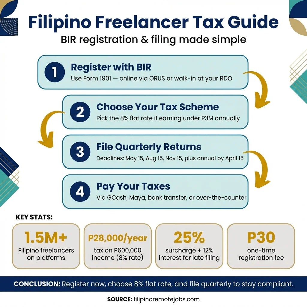 Filipino Freelancer Tax Guide infographic showing 4-step process: register with BIR, choose tax scheme, file quarterly returns, and pay taxes with key statistics