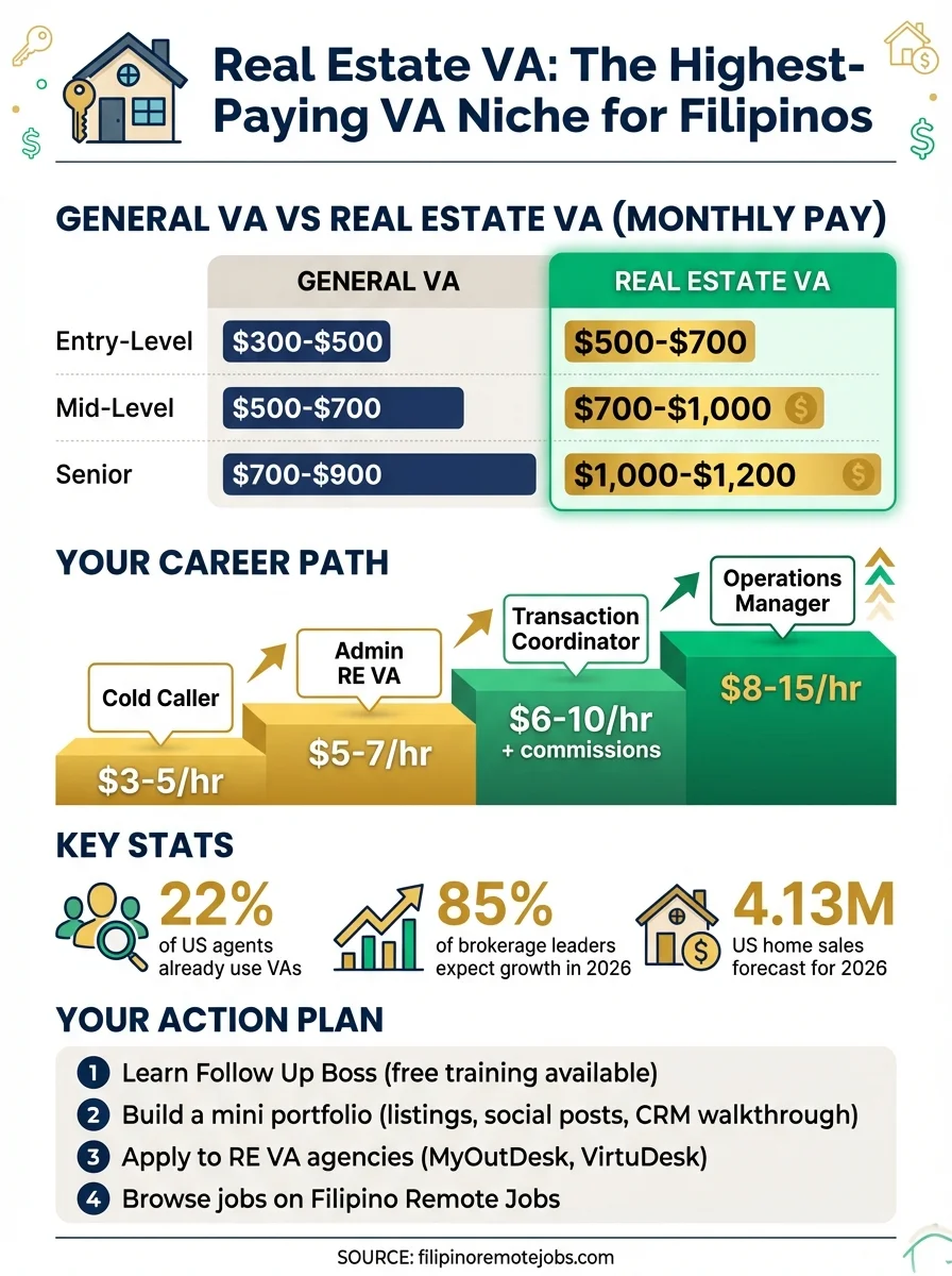 Real Estate VA infographic comparing general VA vs real estate VA salaries, showing career path from cold caller at $3-5/hr to operations manager at $8-15/hr, key industry stats, and a 4-step action plan