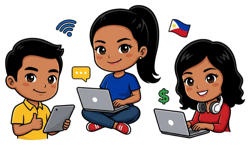 Filipino remote workers collaborating with laptops and tablets